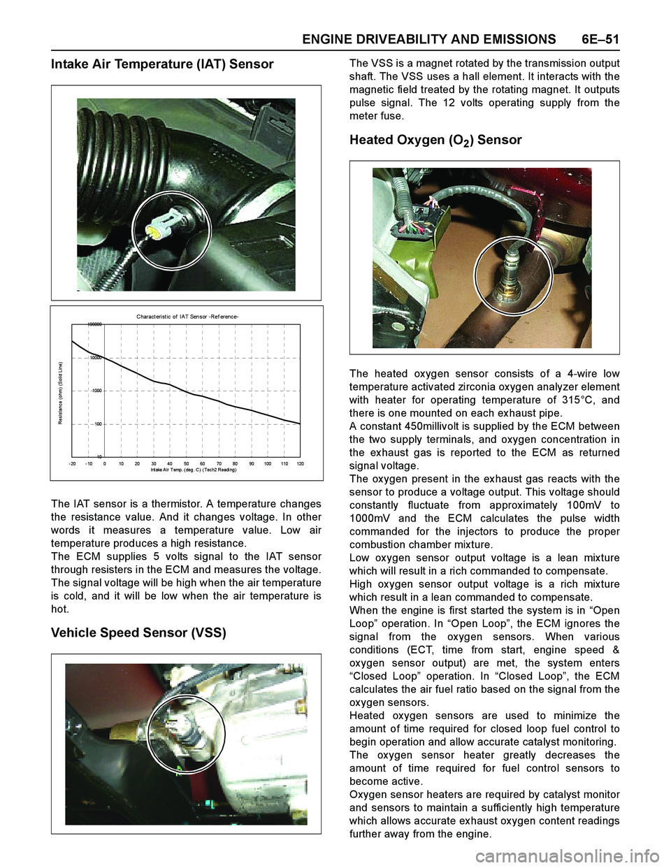 ISUZU TF SERIES 2004  Workshop Manual ENGINE DRIVEABILITY AND EMISSIONS 6E–51
Intake Air Temperature (IAT) Sensor
The IAT sensor is a thermistor. A temperature changes
the resistance value. And it changes voltage. In other
words it meas