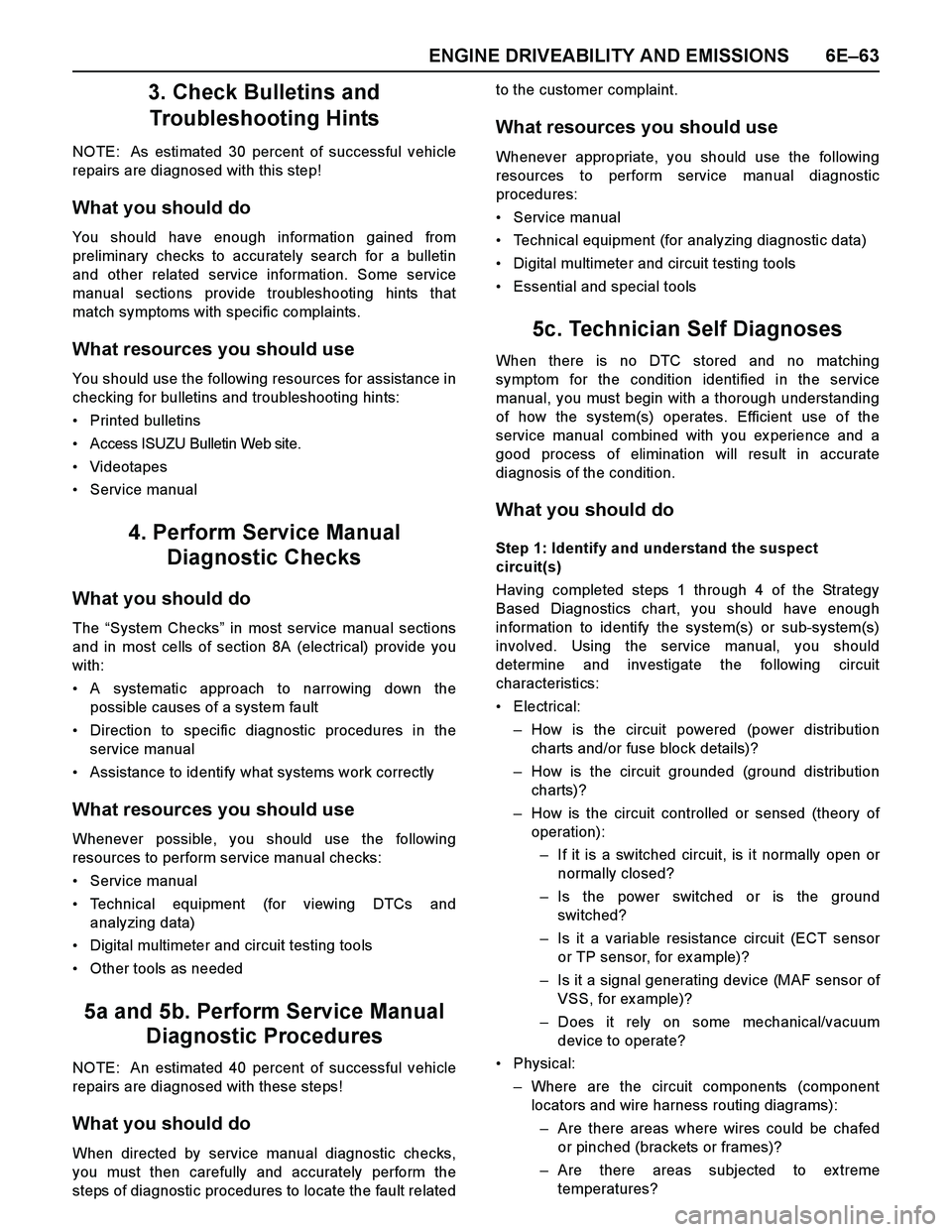 ISUZU TF SERIES 2004  Workshop Manual ENGINE DRIVEABILITY AND EMISSIONS 6E–63
3. Check Bulletins and 
Troubleshooting Hints
NOTE:  As estimated 30 percent of successful vehicle
repairs are diagnosed with this step!
What you should do
Yo