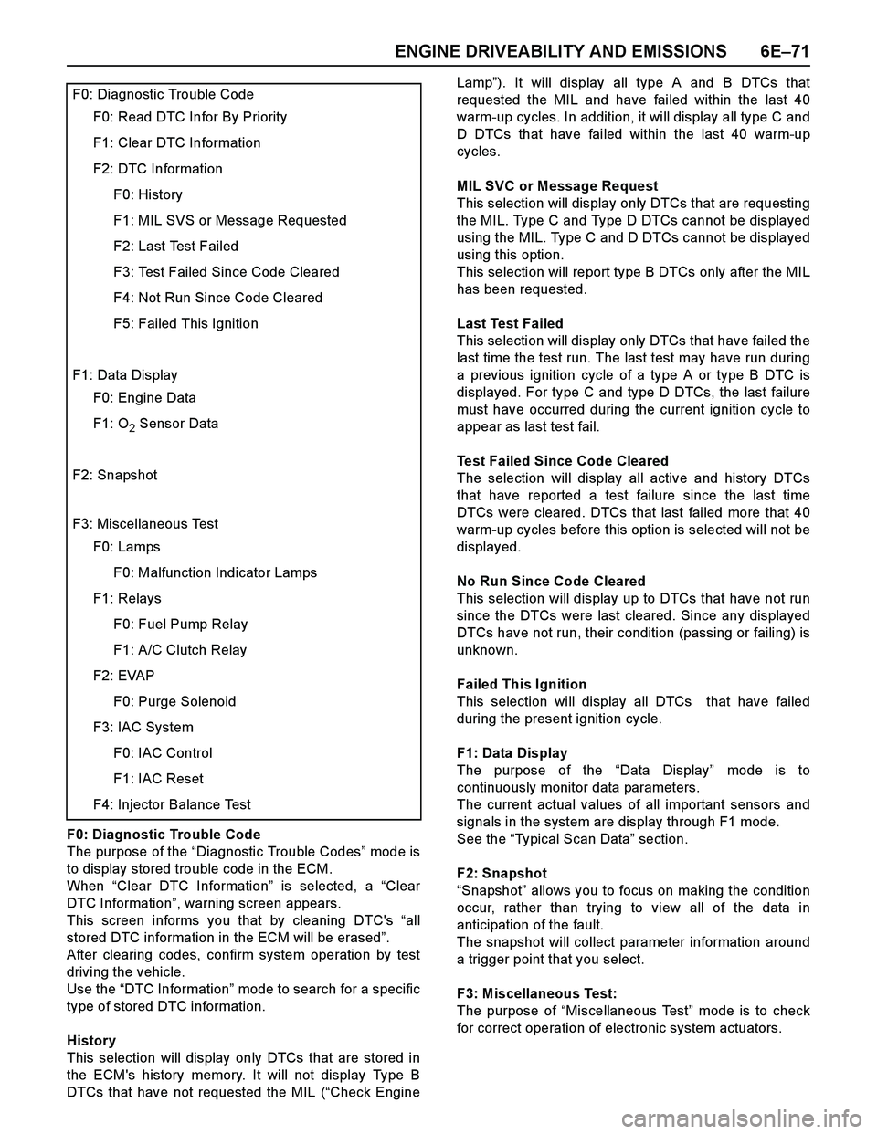 ISUZU TF SERIES 2004  Workshop Manual ENGINE DRIVEABILITY AND EMISSIONS 6E–71
F0: Diagnostic Trouble Code
The purpose of the “Diagnostic Trouble Codes” mod e i s
to display stored trouble code in the ECM.
When “Clear DTC Informati