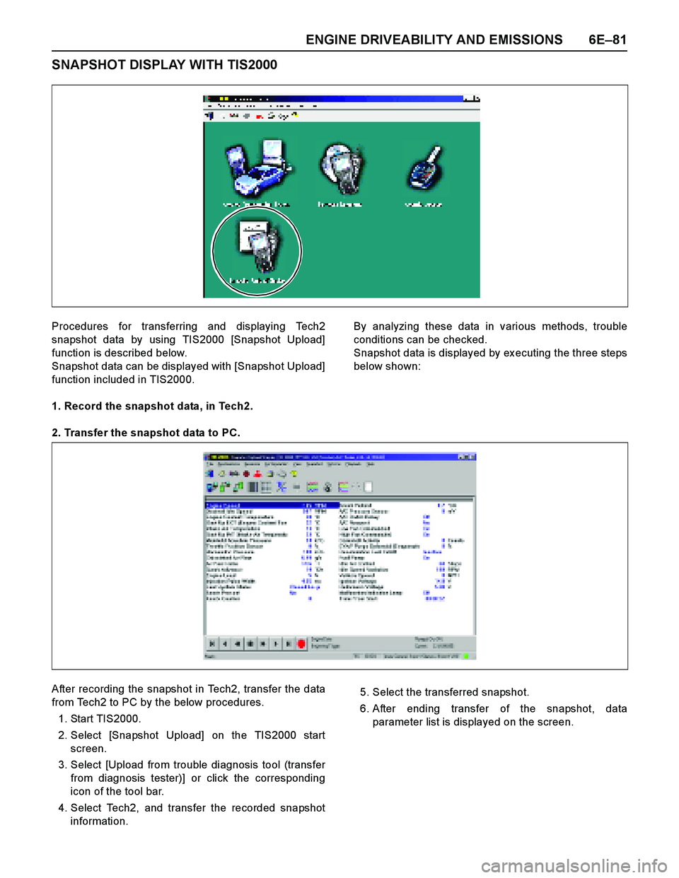 ISUZU TF SERIES 2004  Workshop Manual ENGINE DRIVEABILITY AND EMISSIONS 6E–81
SNAPSHOT DISPLAY WITH TIS2000
Procedures for transferring and displaying Tech2
snapshot data by using TIS2000 [Snapshot Upload]
function is described below.
S