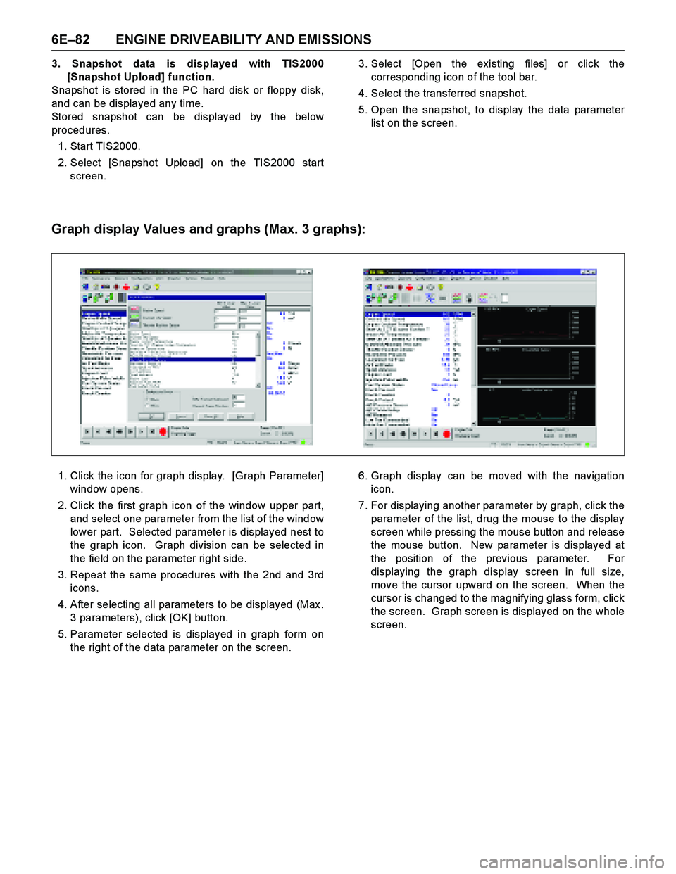 ISUZU TF SERIES 2004  Workshop Manual 6E–82 ENGINE DRIVEABILITY AND EMISSIONS
3. Snapshot data is displayed with TIS2000
[Snapshot Upload] function.
Snapshot is stored in the PC hard disk or floppy disk,
and can be displayed any time.
S