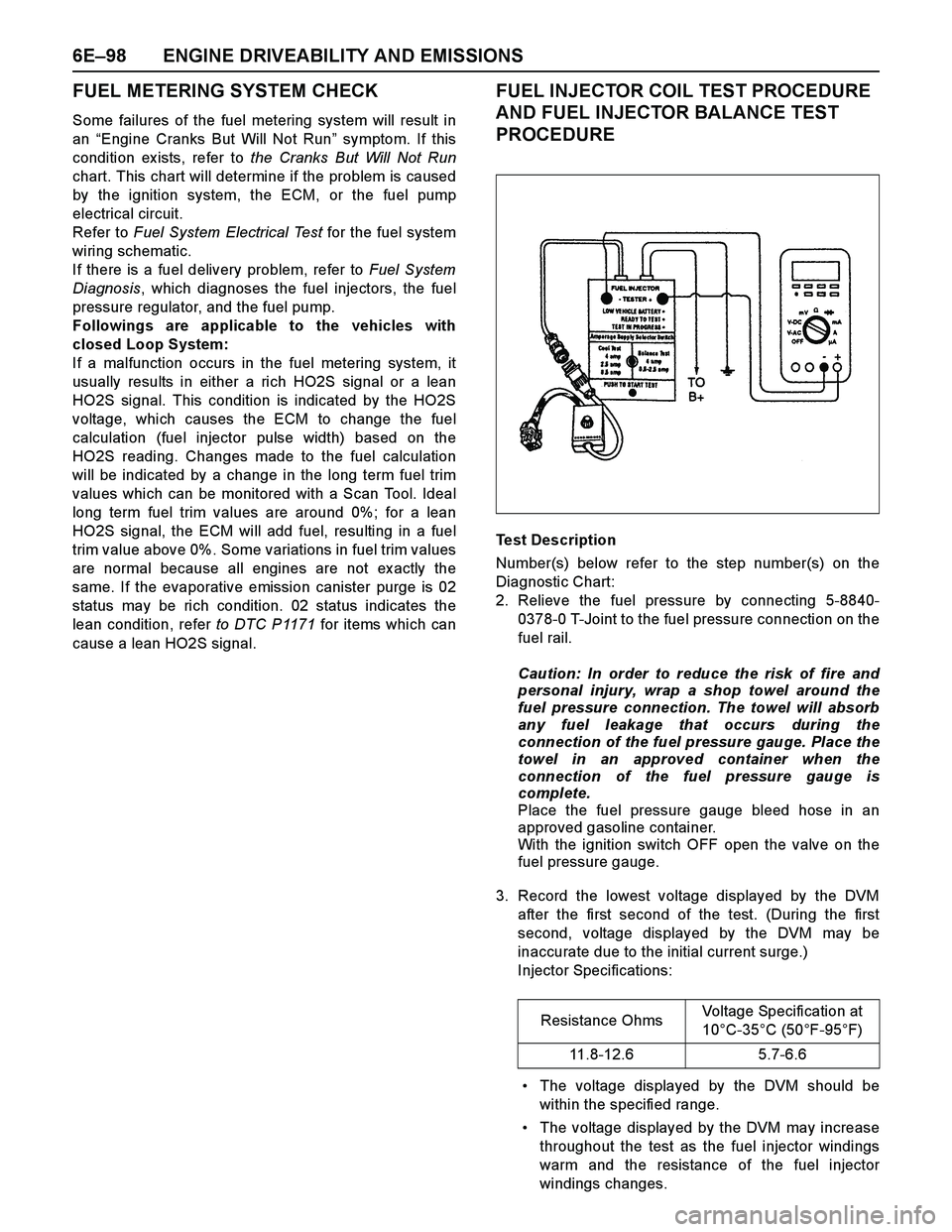 ISUZU TF SERIES 2004  Workshop Manual 6E–98 ENGINE DRIVEABILITY AND EMISSIONS
FUEL METERING SYSTEM CHECK
Some failures of the fuel metering system will result in
an “Engine Cranks But Will Not Run” symptom. If this
condition ex ists