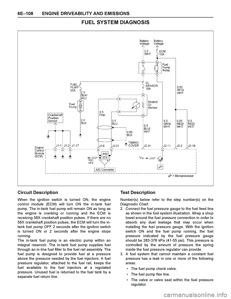 ISUZU TF SERIES 2004 Workshop Manual 6E–108 ENGINE DRIVEABILITY AND EMISSIONS
FUEL SYSTEM DIAGNOSIS
Circuit Description
When the ignition switch is turned ON, the engine
control module (ECM) will turn ON the in-tank fuel
pump. The in-t ISUZU TF SERIES 2004 Workshop Manual 6E–108 ENGINE DRIVEABILITY AND EMISSIONS
FUEL SYSTEM DIAGNOSIS
Circuit Description
When the ignition switch is turned ON, the engine
control module (ECM) will turn ON the in-tank fuel
pump. The in-t