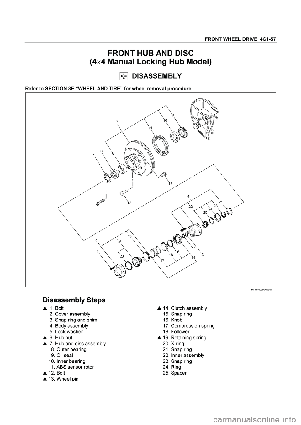 ISUZU TF SERIES 2004  Workshop Manual FRONT WHEEL DRIVE  4C1-57 
FRONT HUB AND DISC  
(4
 4 Manual Locking Hub Model) 
  DISASSEMBLY 
Refer to SECTION 3E “WHEEL AND TIRE” for wheel removal procedure
 
  
 
 RTW440LF000301 
 
Disas