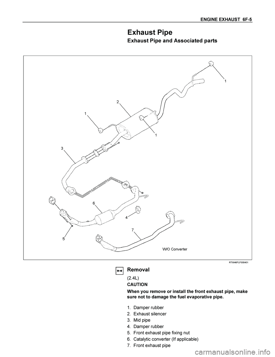 ISUZU TF SERIES 2004  Workshop Manual ENGINE EXHAUST  6F-5 
Exhaust Pipe 
Exhaust Pipe and Associated parts 
 
 
 
 
 
RTW46FLF000401 
  
 
 
 
 
 
 
 
 
 
 
 
 
Removal 
(2.4L) 
CAUTION 
When you remove or install the front exhaust pipe,