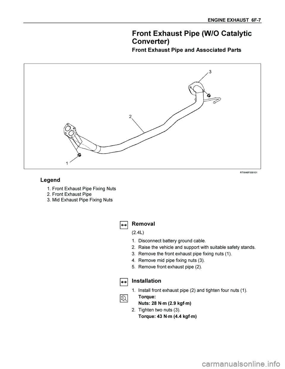 ISUZU TF SERIES 2004  Workshop Manual ENGINE EXHAUST  6F-7 
Front Exhaust Pipe (W/O Catalytic 
Converter) 
Front Exhaust Pipe and Associated Parts 
 
 
 
 
 
RTW46F000101 
Legend 
 1. Front Exhaust Pipe Fixing Nuts 
  2. Front Exhaust Pip