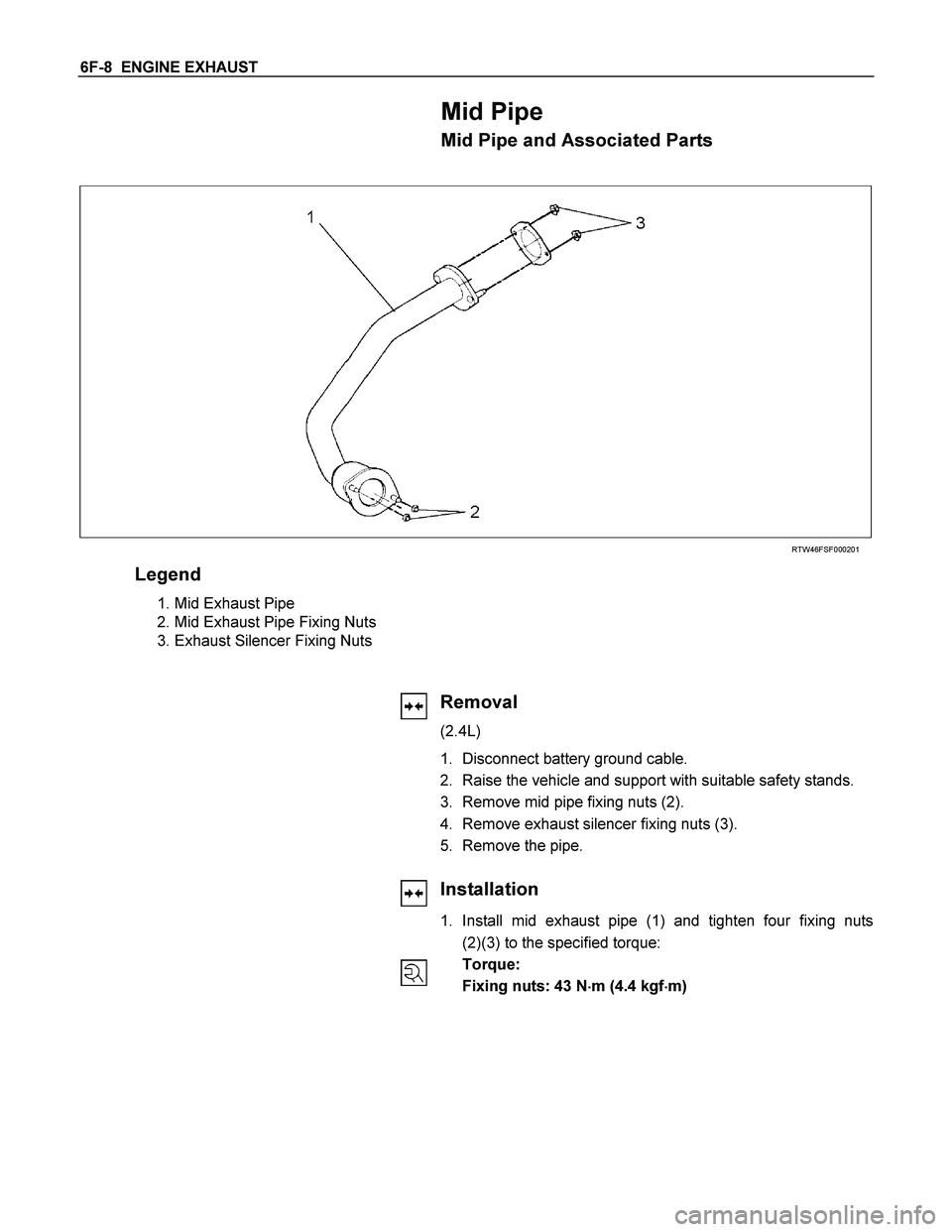 ISUZU TF SERIES 2004  Workshop Manual 6F-8  ENGINE EXHAUST 
Mid Pipe 
Mid Pipe and Associated Parts 
 
 
 
 
 
RTW46FSF000201 
Legend 
 1. Mid Exhaust Pipe 
  2. Mid Exhaust Pipe Fixing Nuts 
 3. Exhaust Silencer Fixing Nuts 
   
 
  
  
