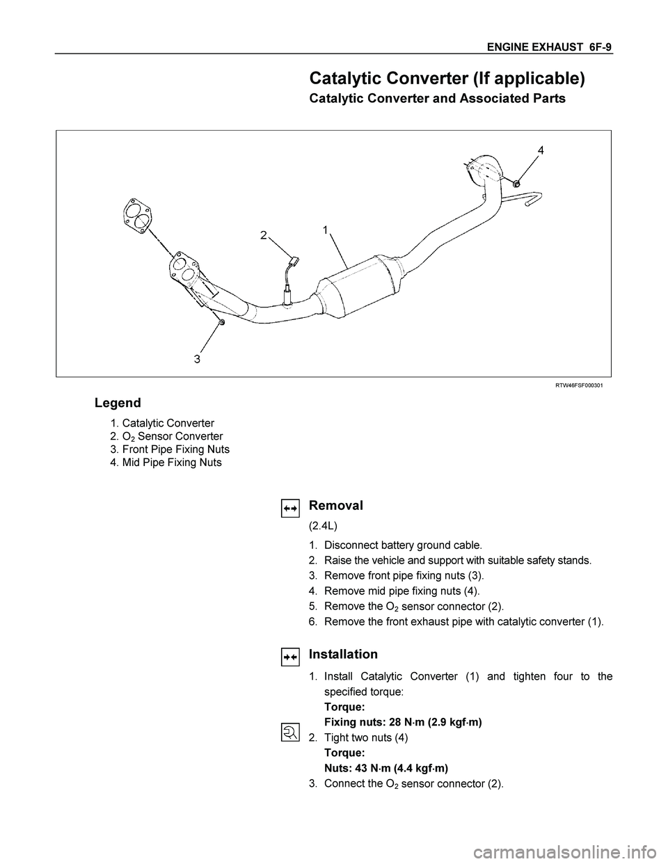 ISUZU TF SERIES 2004  Workshop Manual ENGINE EXHAUST  6F-9 
Catalytic Converter (If applicable) 
Catalytic Converter and Associated Parts 
 
 
 
 
 
RTW46FSF000301 
Legend 
 1. Catalytic Converter 
 2. O
2 Sensor Converter 
 3. Front Pipe