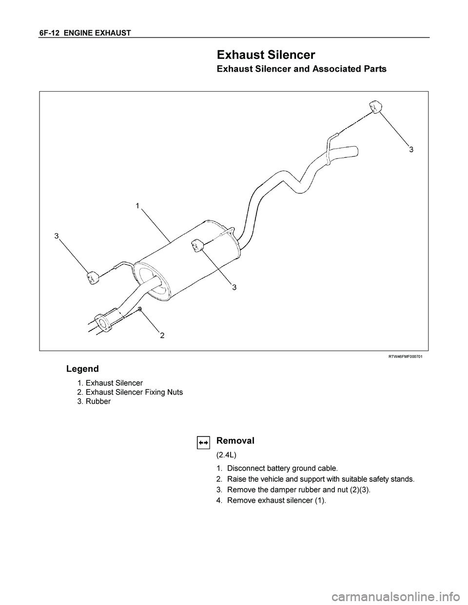 ISUZU TF SERIES 2004  Workshop Manual 6F-12  ENGINE EXHAUST 
Exhaust Silencer 
Exhaust Silencer and Associated Parts 
 
 
 
 
 
RTW46FMF000701 
Legend 
 1. Exhaust Silencer 
  2. Exhaust Silencer Fixing Nuts 
 3. Rubber 
  
 
  
  
  
  
