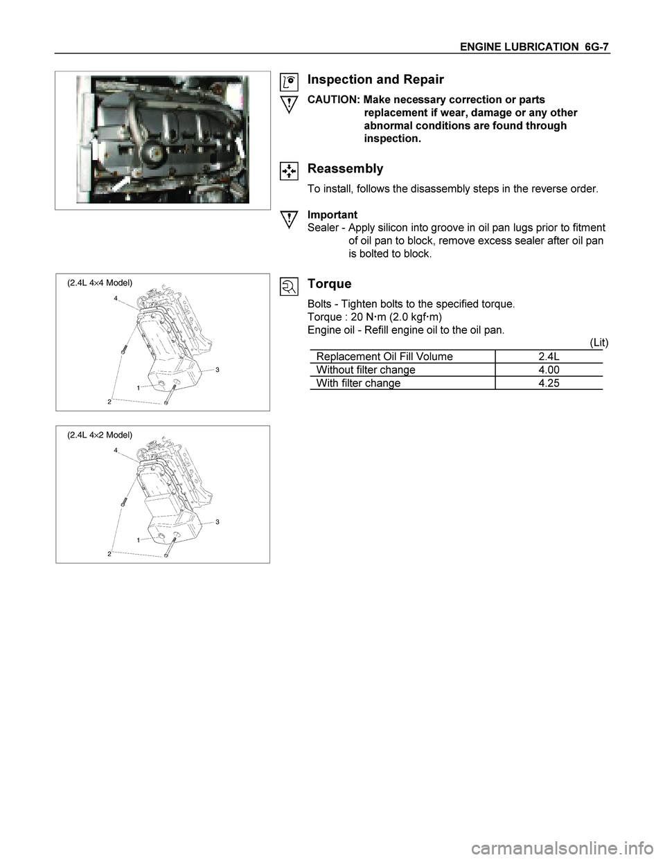 ISUZU TF SERIES 2004  Workshop Manual ENGINE LUBRICATION  6G-7 
  
   
 
  
 
  
 
  
 
 
Inspection and Repair 
CAUTION: Make necessary correction or parts  replacement if wear, damage or any other 
abnormal conditions are found through 