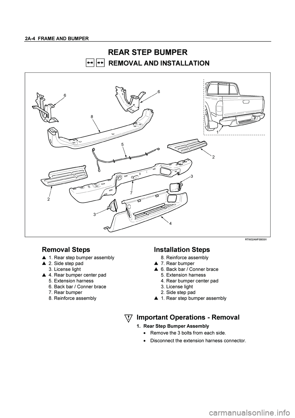ISUZU TF SERIES 2004  Workshop Manual 2A-4  FRAME AND BUMPER 
REAR STEP BUMPER 
   REMOVAL AND INSTALLATION 
 RTW32AMF000301 
 
Removal Steps   
   
1. Rear step bumper assembly    
    
2. Side step pad    
   3. License light  
    
