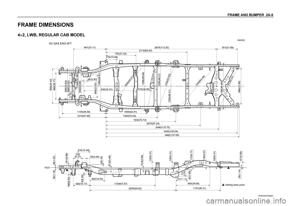 ISUZU TF SERIES 2004  Workshop Manual FRAME AND BUMPER  2A-9 
FRAME DIMENSIONS 4
 2, LWB, REGULAR CAB MODEL 
 
RTW32AXF002601  