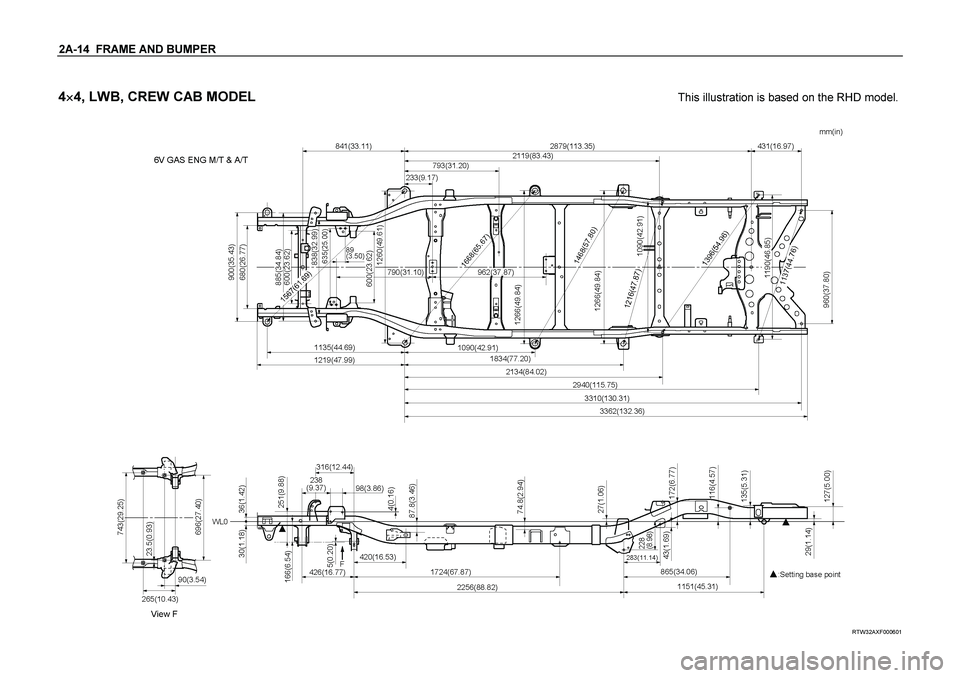 ISUZU TF SERIES 2004  Workshop Manual 2A-14  FRAME AND BUMPER  
4
 4, LWB, CREW CAB MODEL  
This illustration is based on the RHD model.
 
 
 RTW32AXF000601  