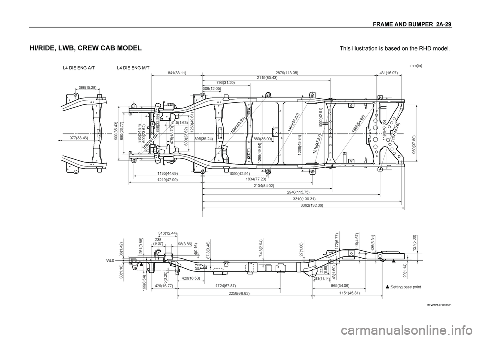 ISUZU TF SERIES 2004  Workshop Manual FRAME AND BUMPER  2A-29 
 
HI/RIDE, LWB, CREW CAB MODEL
  This illustration is based on the RHD model.
 
 
 RTW32AXF003301  