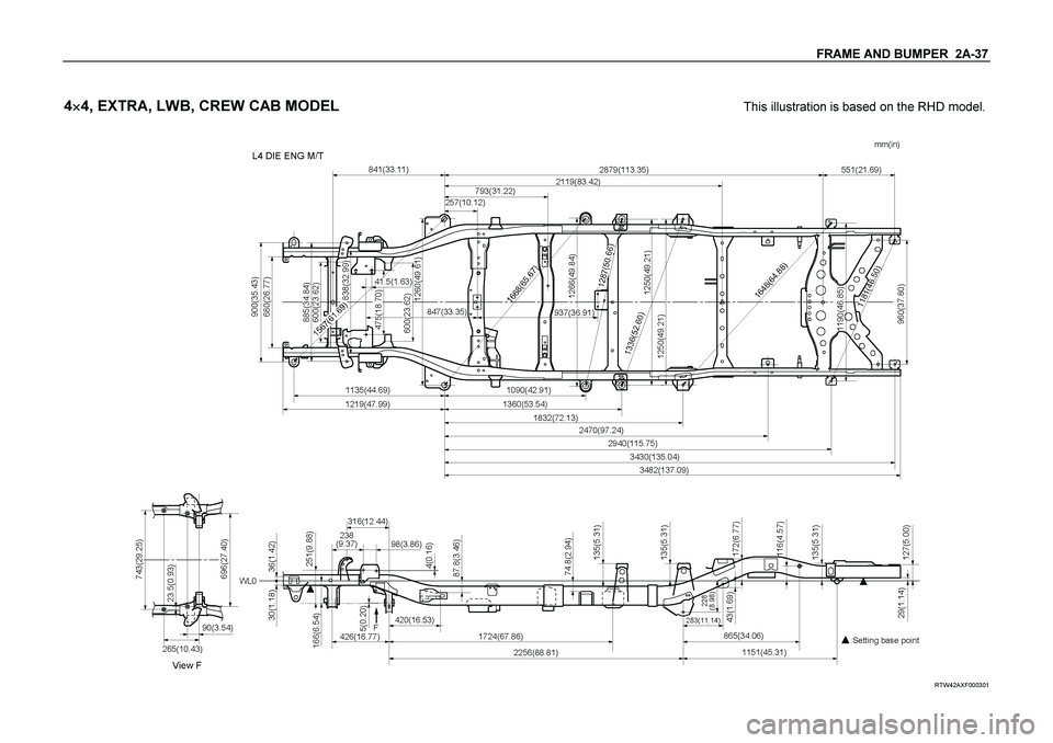 ISUZU TF SERIES 2004  Workshop Manual FRAME AND BUMPER  2A-37 
 
4
 4, EXTRA, LWB, CREW CAB MODEL
   This illustration is based on the RHD model.
 
 
 
RTW42AXF000301  
