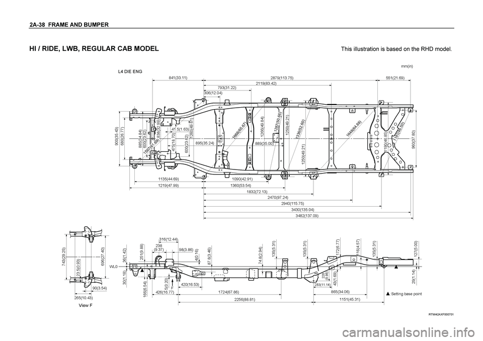 ISUZU TF SERIES 2004  Workshop Manual 2A-38  FRAME AND BUMPER  
HI / RIDE, LWB, REGULAR CAB MODEL
   This illustration is based on the RHD model.
 
 
 
RTW42AXF000701  