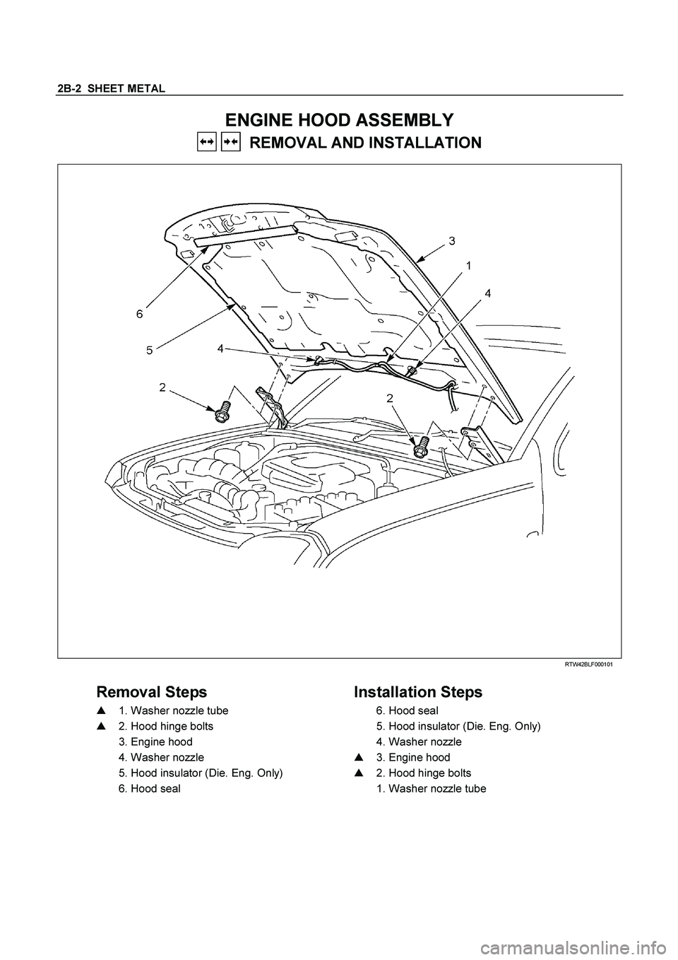 ISUZU TF SERIES 2004  Workshop Manual 2B-2  SHEET METAL 
ENGINE HOOD ASSEMBLY  
   REMOVAL AND INSTALLATION 
   
  
 
 
 RTW42BLF000101 
 
Removal Steps     
Installation Steps 
   
1. Washer nozzle tube      
6. Hood seal   
    
2. Ho