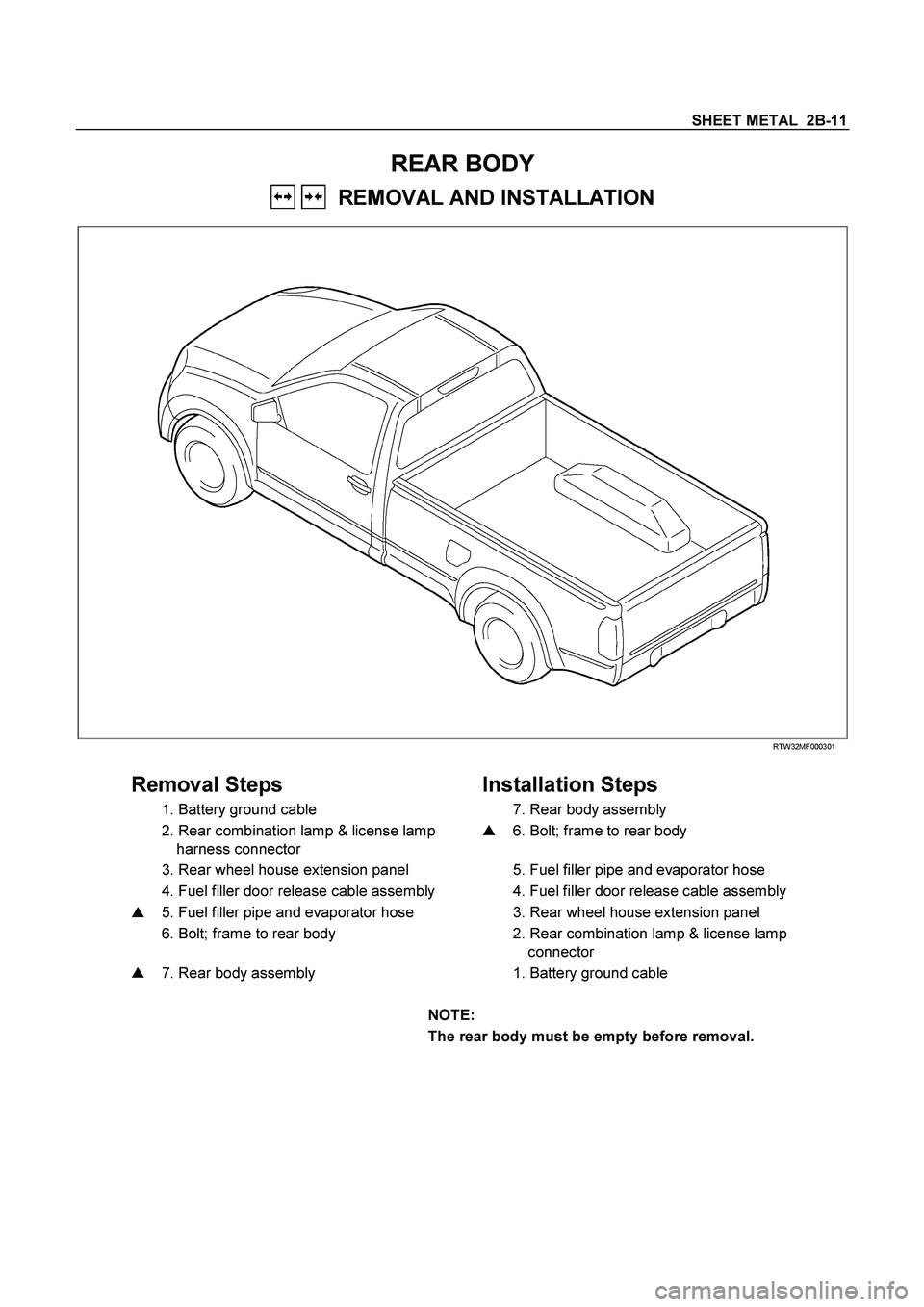 ISUZU TF SERIES 2004  Workshop Manual SHEET METAL  2B-11  
REAR BODY  
   REMOVAL AND INSTALLATION   
 RTW32MF000301 
 
Removal Steps   
Installation Steps 
  
1. Battery ground cable      
7. Rear body assembly   
   2. Rear combination 