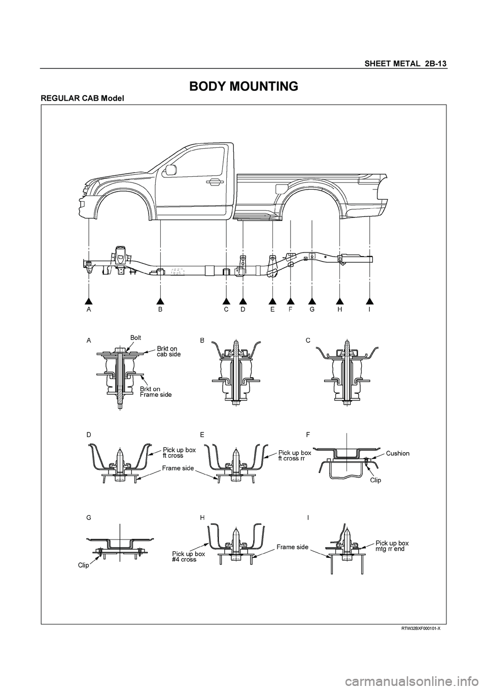 ISUZU TF SERIES 2004  Workshop Manual SHEET METAL  2B-13
 
BODY MOUNTING 
REGULAR CAB Model 
  
 
 
 
 
 RTW32BXF000101-X  