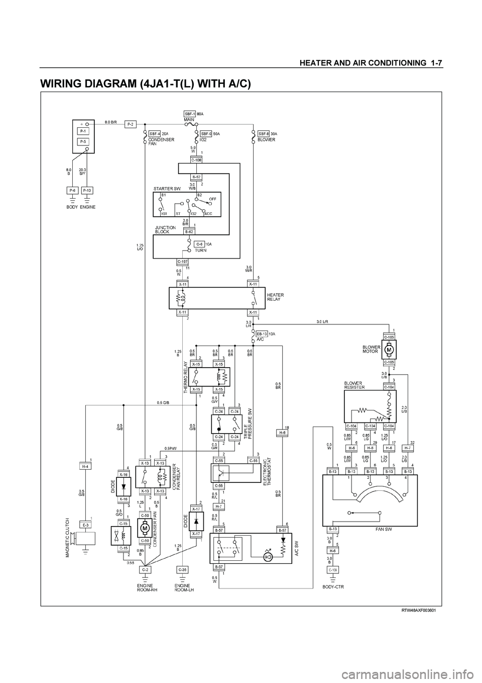 ISUZU TF SERIES 2004  Workshop Manual HEATER AND AIR CONDITIONING  1-7 
WIRING DIAGRAM (4JA1-T(L) WITH A/C) 
  
 
 
 RTW48AXF003601  
