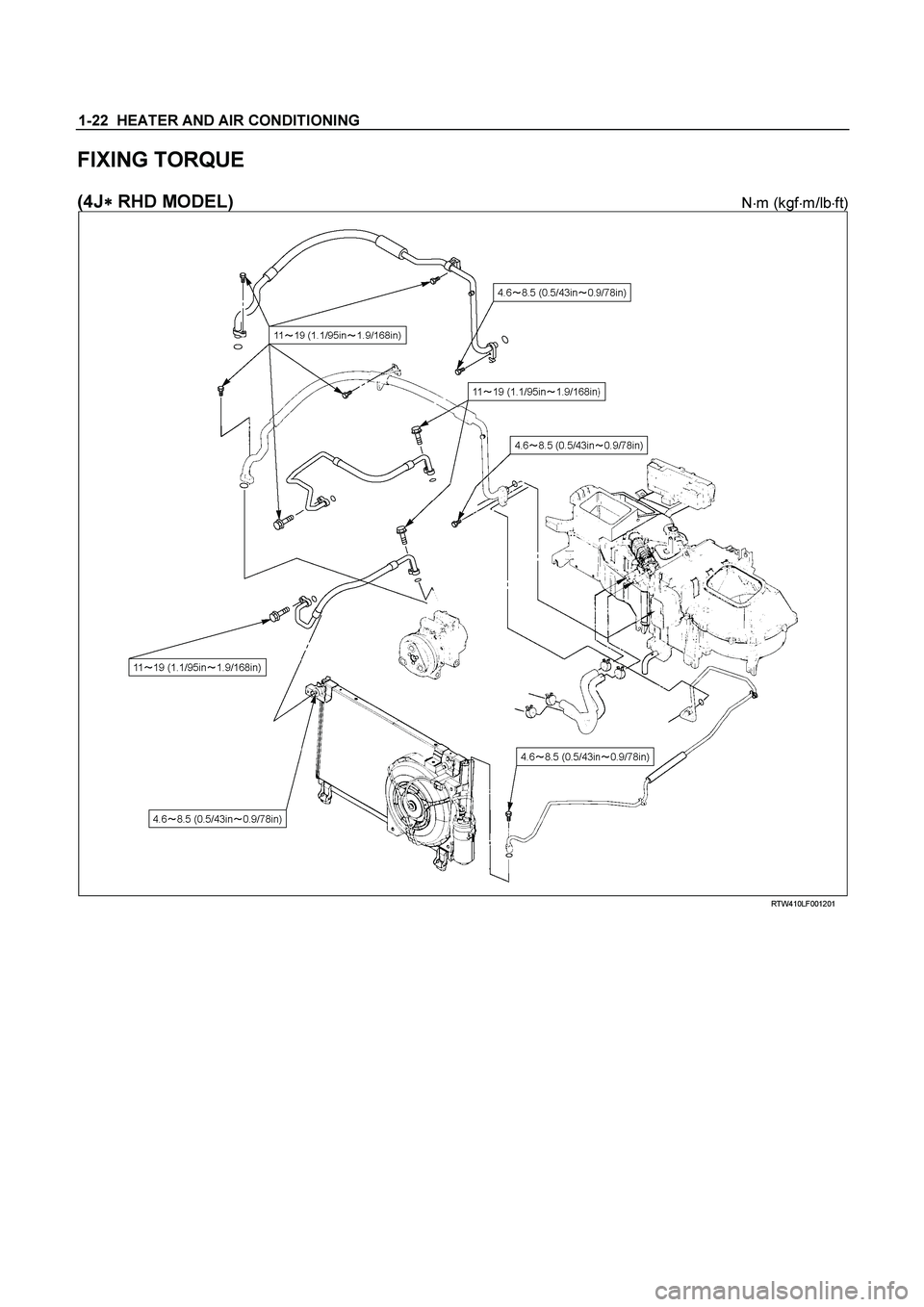 ISUZU TF SERIES 2004  Workshop Manual 1-22  HEATER AND AIR CONDITIONING 
FIXING TORQUE 
 
(4J
  RHD MODEL) N
m (kgf
m/lb
ft) 
  
  RTW410LF001201 
 
  