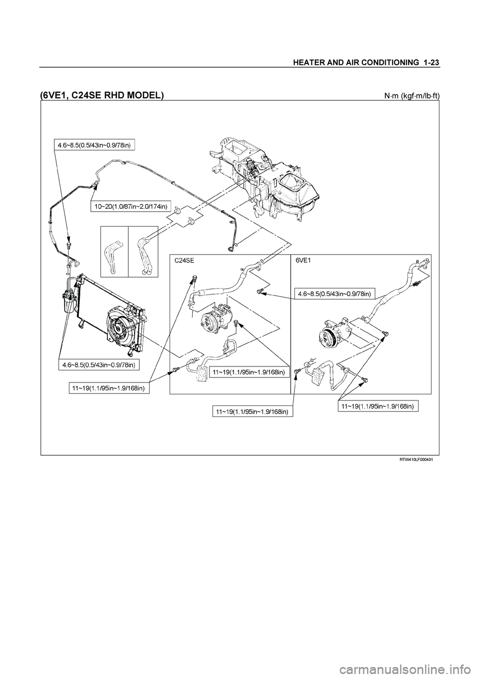 ISUZU TF SERIES 2004  Workshop Manual HEATER AND AIR CONDITIONING  1-23 
 
(6VE1, C24SE RHD MODEL) Nm (kgfm/lbft) 
  
 
 
 
 
 RTW410LF000401 
  
