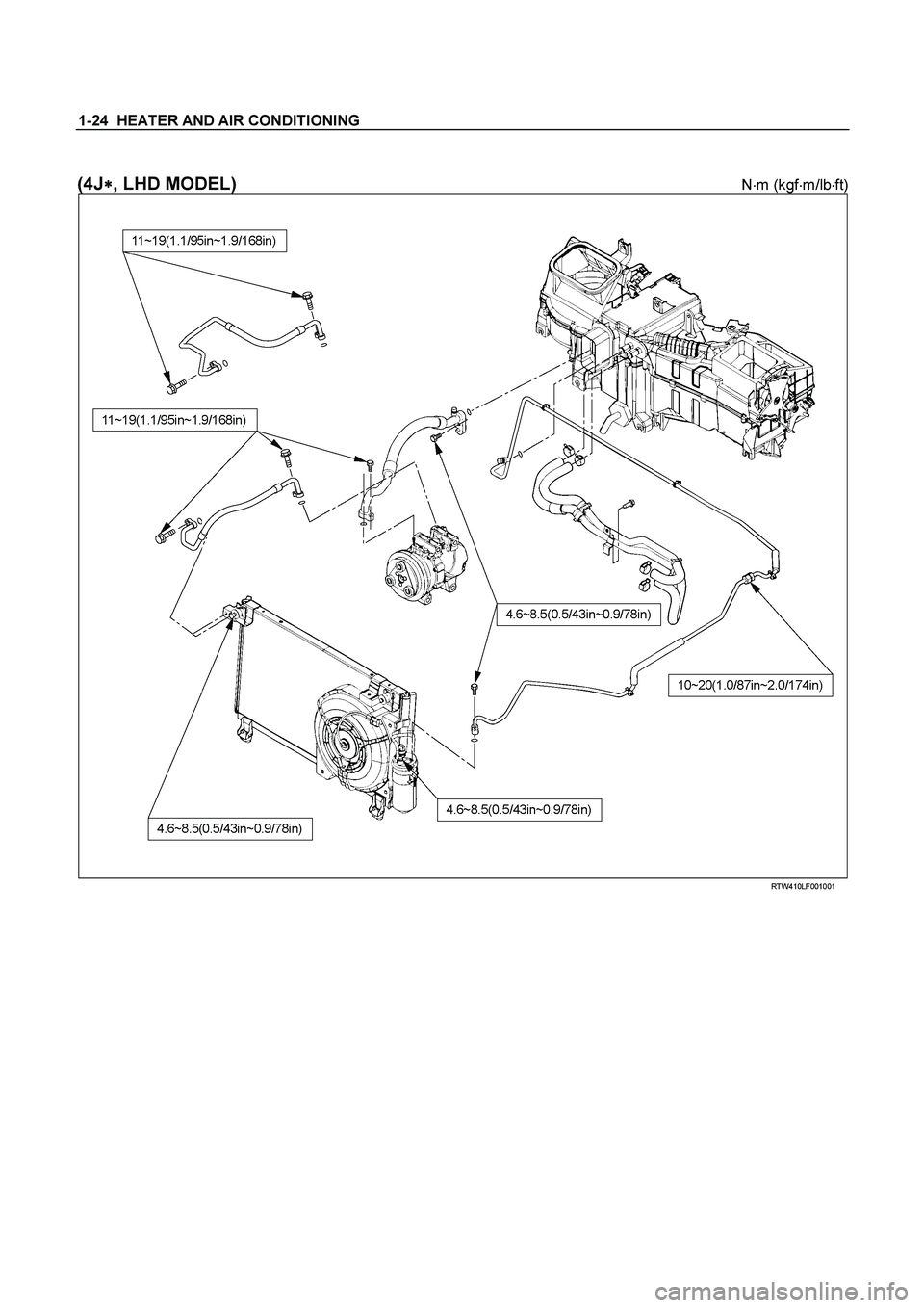 ISUZU TF SERIES 2004  Workshop Manual 1-24  HEATER AND AIR CONDITIONING 
 
(4J
 , LHD MODEL) Nm (kgfm/lbft) 
  
 
 
 RTW410LF001001 
  