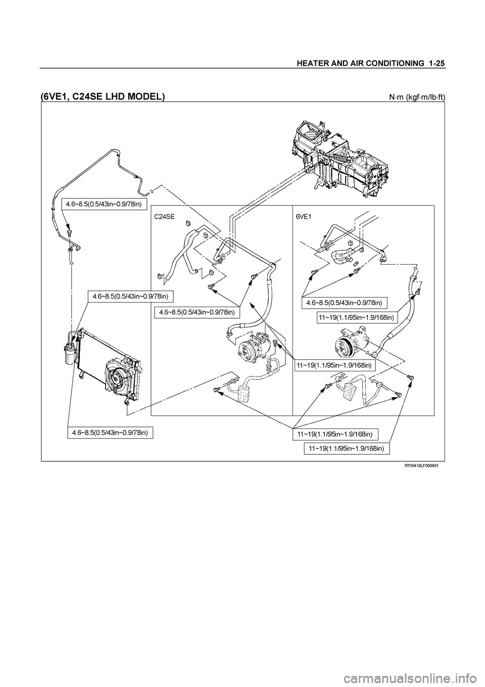 ISUZU TF SERIES 2004  Workshop Manual HEATER AND AIR CONDITIONING  1-25 
 
(6VE1, C24SE LHD MODEL) Nm (kgfm/lbft) 
  
 
  RTW410LF000901 
  