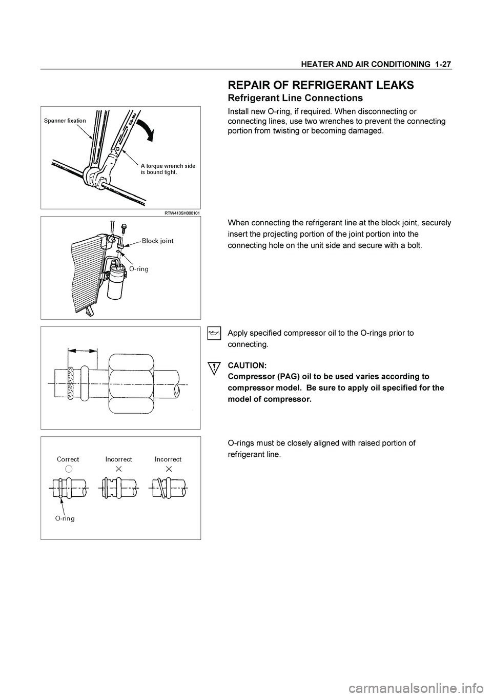 ISUZU TF SERIES 2004  Workshop Manual HEATER AND AIR CONDITIONING  1-27 
   
 REPAIR OF REFRIGERANT LEAKS 
Refrigerant Line Connections 
  
 
  RTW410SH000101 
 Install new O-ring, if required. When disconnecting or 
connecting lines, use