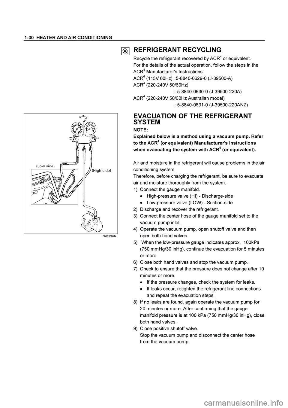 ISUZU TF SERIES 2004  Workshop Manual 1-30  HEATER AND AIR CONDITIONING 
 
 REFRIGERANT RECYCLING 
Recycle the refrigerant recovered by ACR4 or equivalent. 
For the details of the actual operation, follow the steps in the 
ACR
4 Manufactu