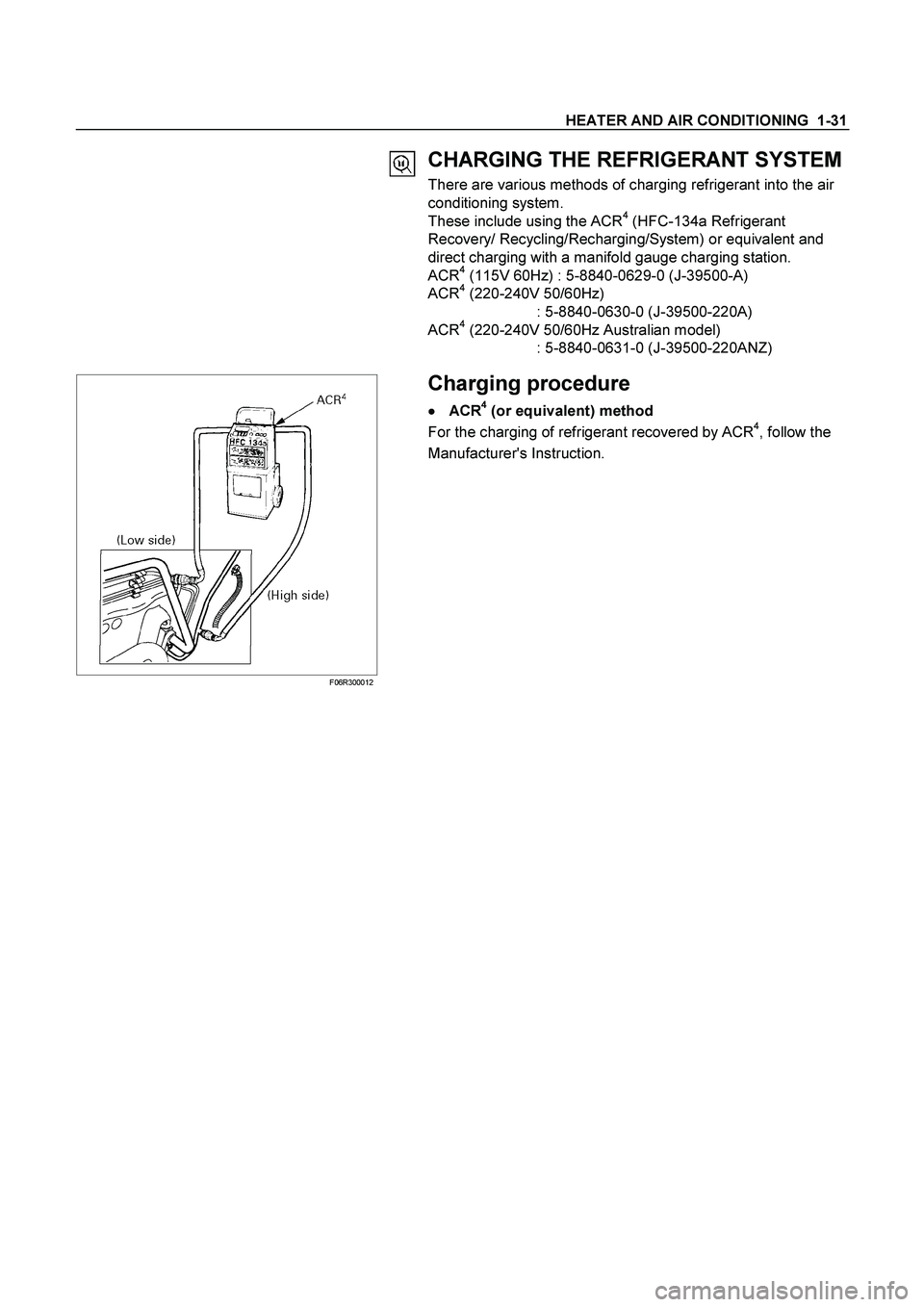 ISUZU TF SERIES 2004  Workshop Manual HEATER AND AIR CONDITIONING  1-31 
 CHARGING THE REFRIGERANT SYSTEM
There are various methods of charging refrigerant into the air 
conditioning system. 
These include using the ACR
4 (HFC-134a Refrig