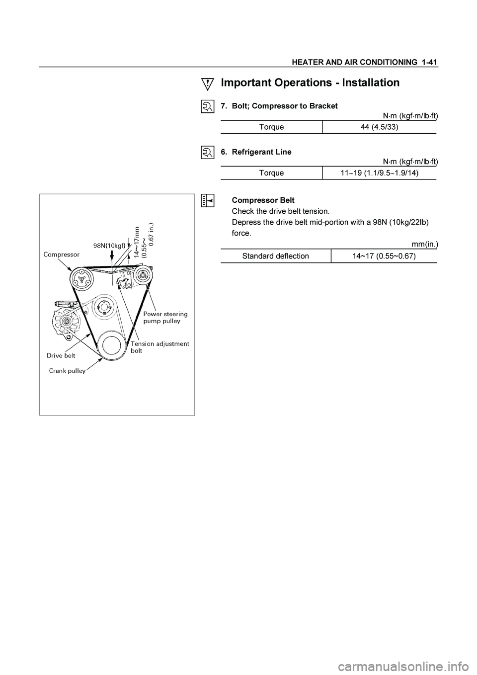 ISUZU TF SERIES 2004  Workshop Manual HEATER AND AIR CONDITIONING  1-41 
 Important Operations - Installation 
 
 7.  Bolt; Compressor to Bracket 
Nm (kgfm/lbft)
 
Torque   44 (4.5/33) 
 
 
 
6. Refrigerant Line 
Nm (kgfm/lbft)
 
To