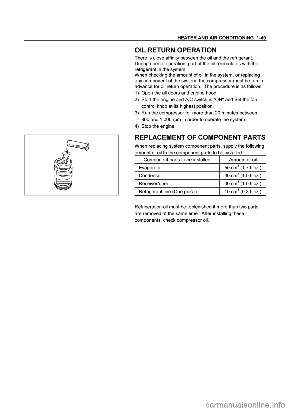 ISUZU TF SERIES 2004 Workshop Manual HEATER AND AIR CONDITIONING 1-49
OIL RETURN OPERATION
There is close affinity between the oil and the refrigerant.
During normal operation, part of the oil recirculates with the
refrigerant i ISUZU TF SERIES 2004 Workshop Manual HEATER AND AIR CONDITIONING 1-49
OIL RETURN OPERATION
There is close affinity between the oil and the refrigerant.
During normal operation, part of the oil recirculates with the
refrigerant i