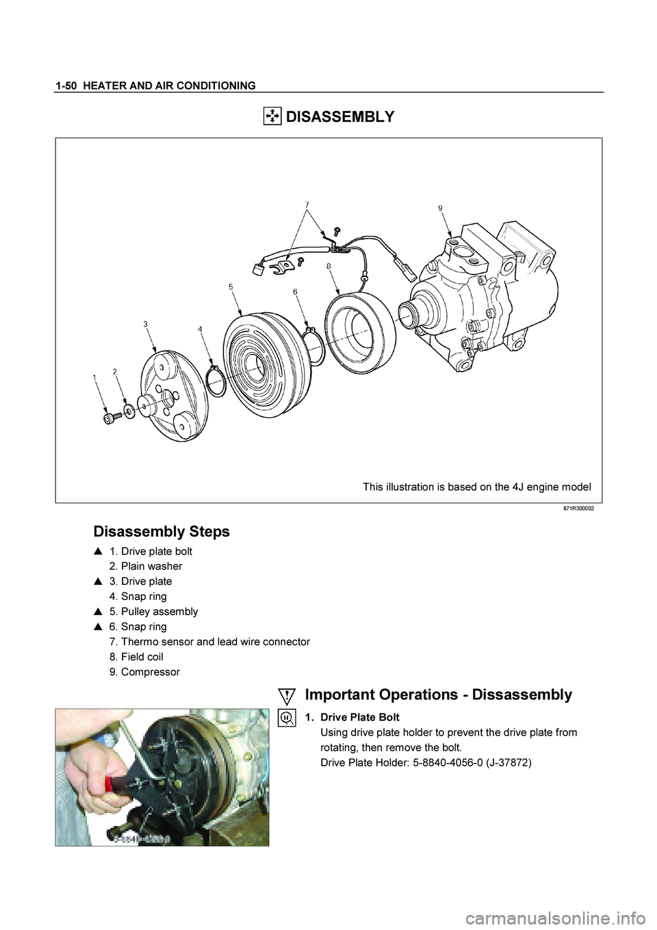 ISUZU TF SERIES 2004  Workshop Manual 1-50  HEATER AND AIR CONDITIONING 
  DISASSEMBLY 
  
  
This illustration is based on the 4J engine model 
 871R300002 
 
Disassembly Steps 
    1. Drive plate bolt  
  2. Plain washer 
    3. Drive
