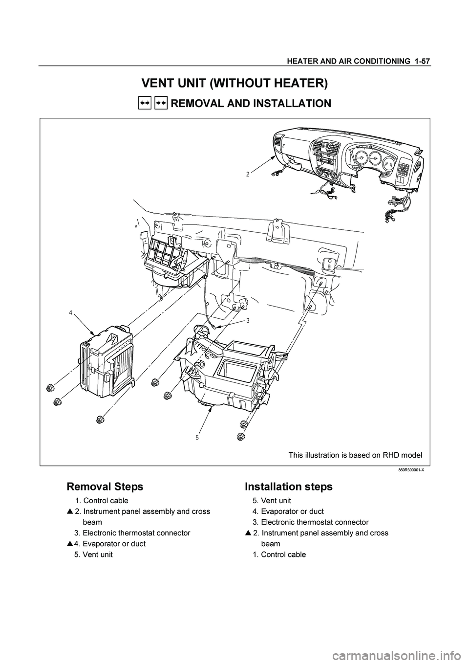 ISUZU TF SERIES 2004  Workshop Manual HEATER AND AIR CONDITIONING  1-57 
VENT UNIT (WITHOUT HEATER) 
  REMOVAL AND INSTALLATION 
  
  This illustration is based on RHD model 
 860R300001-X 
 
Removal Steps   
  1. Control cable  
   2. I