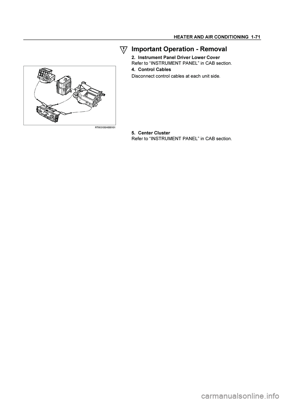 ISUZU TF SERIES 2004  Workshop Manual HEATER AND AIR CONDITIONING  1-71 
 Important Operation - Removal 
2.  Instrument Panel Driver Lower Cover 
Refer to “INSTRUMENT PANEL” in CAB section. 
  
 
  RTW310SH000101 
 
 4. Control Cables