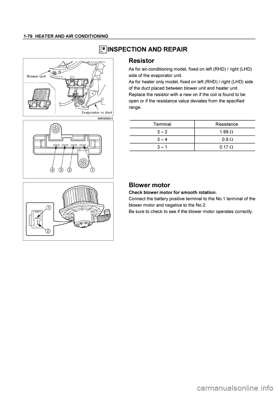 ISUZU TF SERIES 2004  Workshop Manual 1-76  HEATER AND AIR CONDITIONING 
 INSPECTION AND REPAIR 
  
 
 
  840R300005-X 
 
 Resistor 
As for air-conditioning model, fixed on left (RHD) / right (LHD) 
side of the evaporator unit. 
As for he