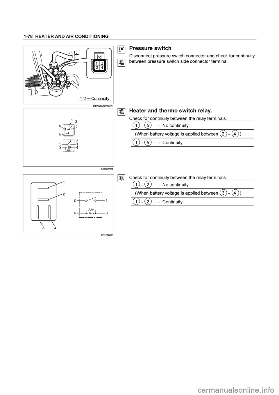 ISUZU TF SERIES 2004  Workshop Manual 1-78  HEATER AND AIR CONDITIONING 
  
 
  RTW4A0SH000201 
 
Pressure switch 
Disconnect pressure switch connector and check for continuity 
between pressure switch side connector terminal. 
 
 
 825r3