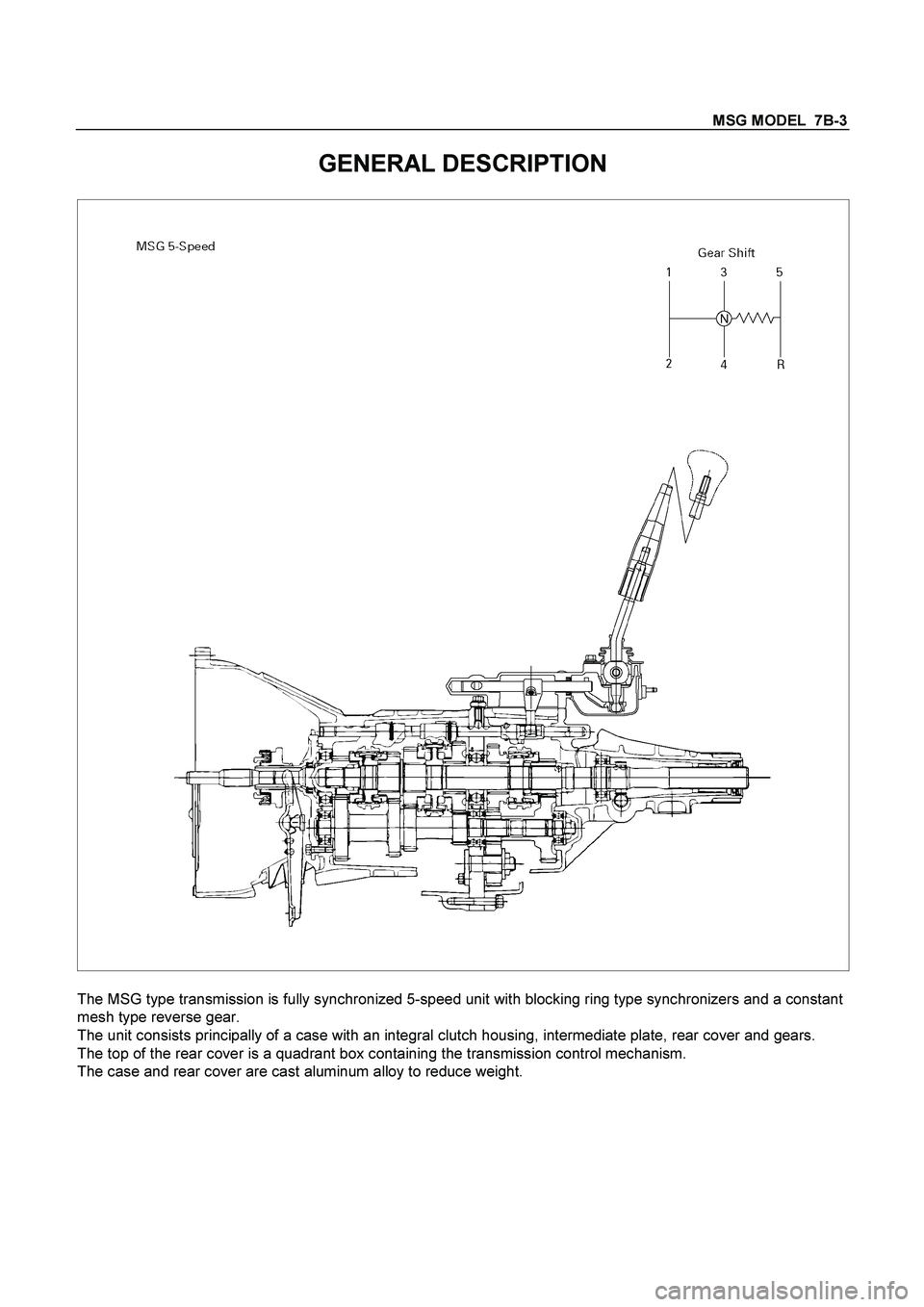 ISUZU TF SERIES 2004  Workshop Manual MSG MODEL  7B-3 
GENERAL DESCRIPTION 
 
 
The MSG type transmission is fully synchronized 5-speed unit with blocking ring type synchronizers and a constant 
mesh type reverse gear. 
The unit consists 