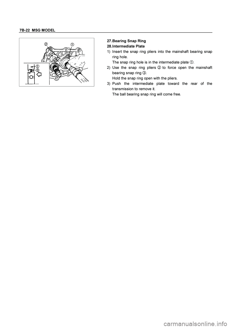 ISUZU TF SERIES 2004  Workshop Manual 7B-22  MSG MODEL 
 
  
 
 
 27. Bearing Snap Ring 
28. Intermediate  Plate 
1)  Insert the snap ring pliers into the mainshaft bearing snap 
ring hole. 
  The snap ring hole is in the intermediate pla
