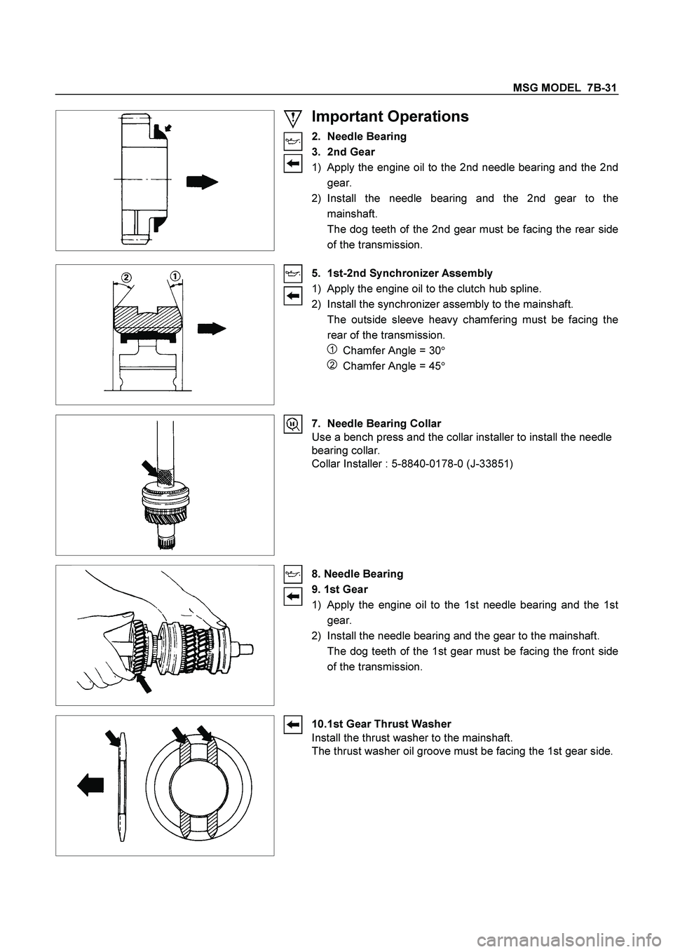 ISUZU TF SERIES 2004 Workshop Manual MSG MODEL 7B-31
Important Operations
2. Needle Bearing
3. 2nd Gear
1) Apply the engine oil to the 2nd needle bearing and the 2nd
gear.
2) Install the needle bearing and the 2nd gear to ISUZU TF SERIES 2004 Workshop Manual MSG MODEL 7B-31
Important Operations
2. Needle Bearing
3. 2nd Gear
1) Apply the engine oil to the 2nd needle bearing and the 2nd
gear.
2) Install the needle bearing and the 2nd gear to