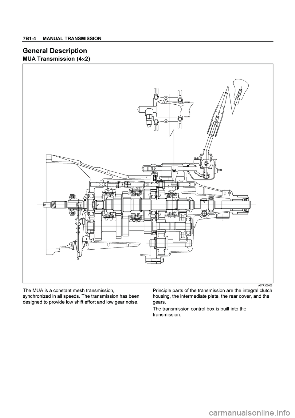ISUZU TF SERIES 2004  Workshop Manual 7B1-4     MANUAL TRANSMISSION
 
General Description 
MUA Transmission (4
 2) 
 A07R300006 
The MUA is a constant mesh transmission, 
synchronized in all speeds. The transmission has been 
designed