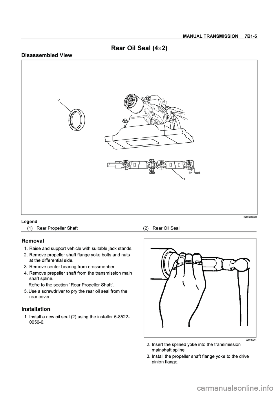 ISUZU TF SERIES 2004  Workshop Manual MANUAL TRANSMISSION     7B1-5
 
Rear Oil Seal (4
 
2) 
Disassembled View 
 220R300030 
Legend
 
(1)  Rear Propeller Shaft  (2) Rear Oil Seal 
 
Removal 
  1. Raise and support vehicle with suitabl