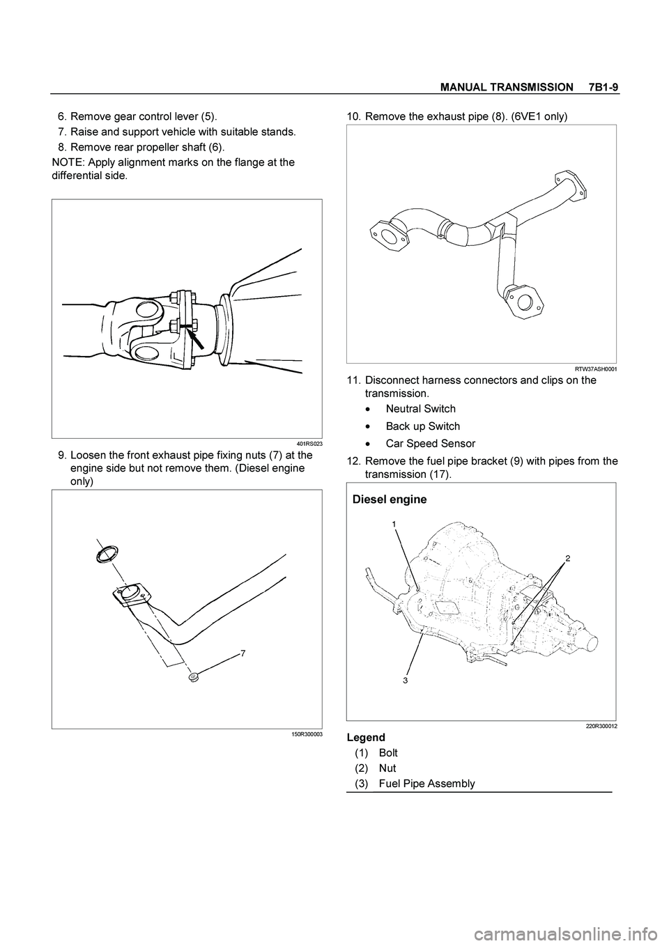 ISUZU TF SERIES 2004  Workshop Manual MANUAL TRANSMISSION     7B1-9
 
  6. Remove gear control lever (5). 
  7. Raise and support vehicle with suitable stands. 
  8. Remove rear propeller shaft (6). 
NOTE: Apply alignment marks on the fla