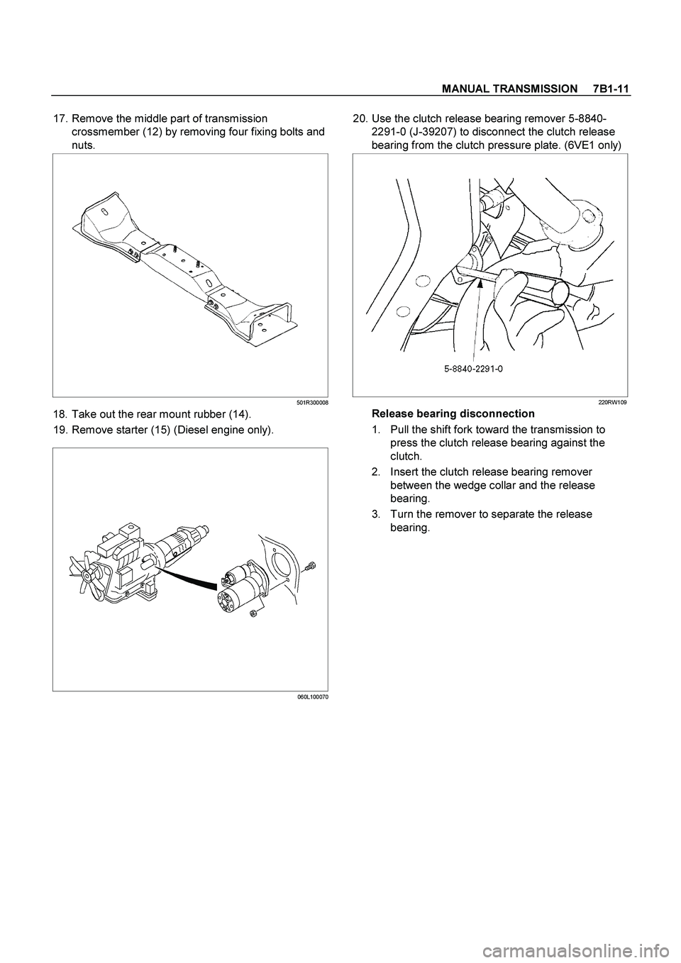 ISUZU TF SERIES 2004  Workshop Manual MANUAL TRANSMISSION     7B1-11
 
 17. Remove the middle part of transmission 
crossmember (12) by removing four fixing bolts and 
nuts. 
501R300008
18. Take out the rear mount rubber (14). 
 19. Remov