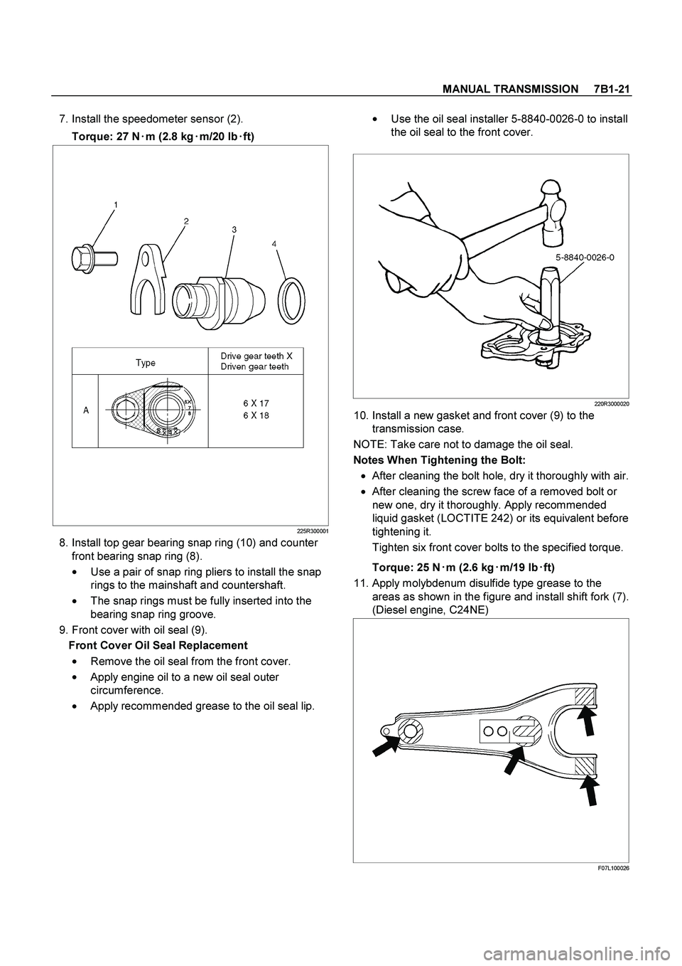 ISUZU TF SERIES 2004 Workshop Manual MANUAL TRANSMISSION 7B1-21
7. Install the speedometer sensor (2).
Torque: 27 N
m (2.8 kg
m/20 lb
ft)
225R300001
8. Install top gear bearing snap ring (10) and counter
front ISUZU TF SERIES 2004 Workshop Manual MANUAL TRANSMISSION 7B1-21
7. Install the speedometer sensor (2).
Torque: 27 N
m (2.8 kg
m/20 lb
ft)
225R300001
8. Install top gear bearing snap ring (10) and counter
front