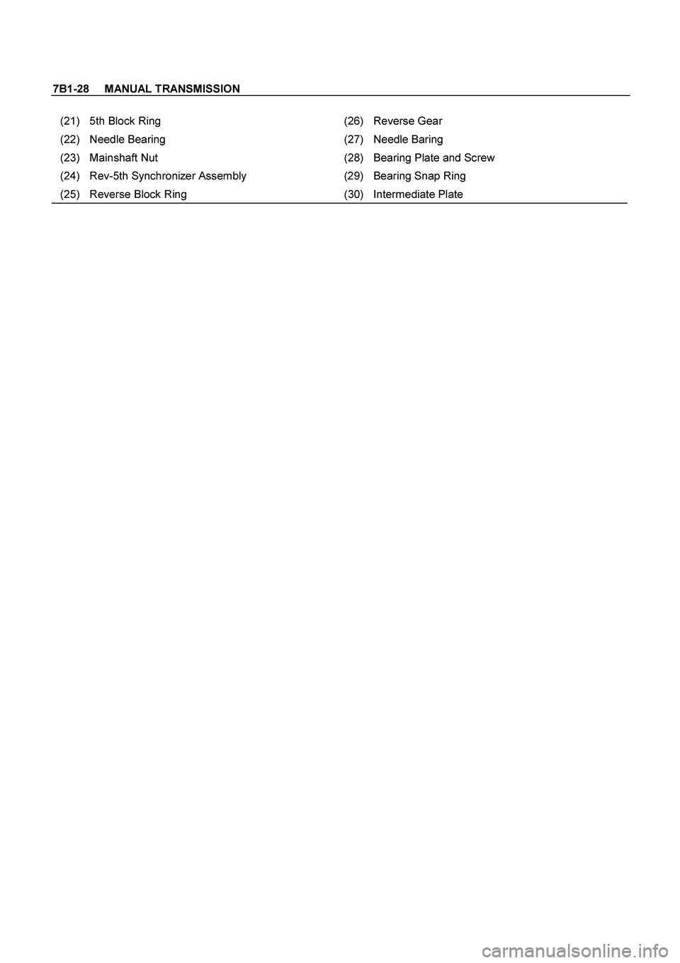 ISUZU TF SERIES 2004  Workshop Manual 7B1-28     MANUAL TRANSMISSION
 
(21)  5th Block Ring  (26) Reverse Gear 
(22) Needle Bearing  (27) Needle Baring 
(23)  Mainshaft Nut  (28) Bearing Plate and Screw 
(24)  Rev-5th Synchronizer Assembl