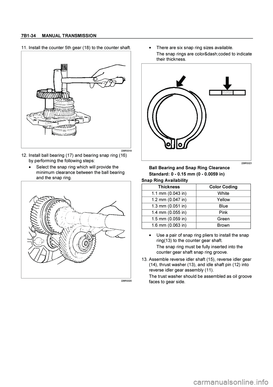 ISUZU TF SERIES 2004 Workshop Manual 7B1-34 MANUAL TRANSMISSION
11. Install the counter 5th gear (18) to the counter shaft.
226RS019
12. Install ball bearing (17) and bearing snap ring (16)
by performing the following steps: ISUZU TF SERIES 2004 Workshop Manual 7B1-34 MANUAL TRANSMISSION
11. Install the counter 5th gear (18) to the counter shaft.
226RS019
12. Install ball bearing (17) and bearing snap ring (16)
by performing the following steps: