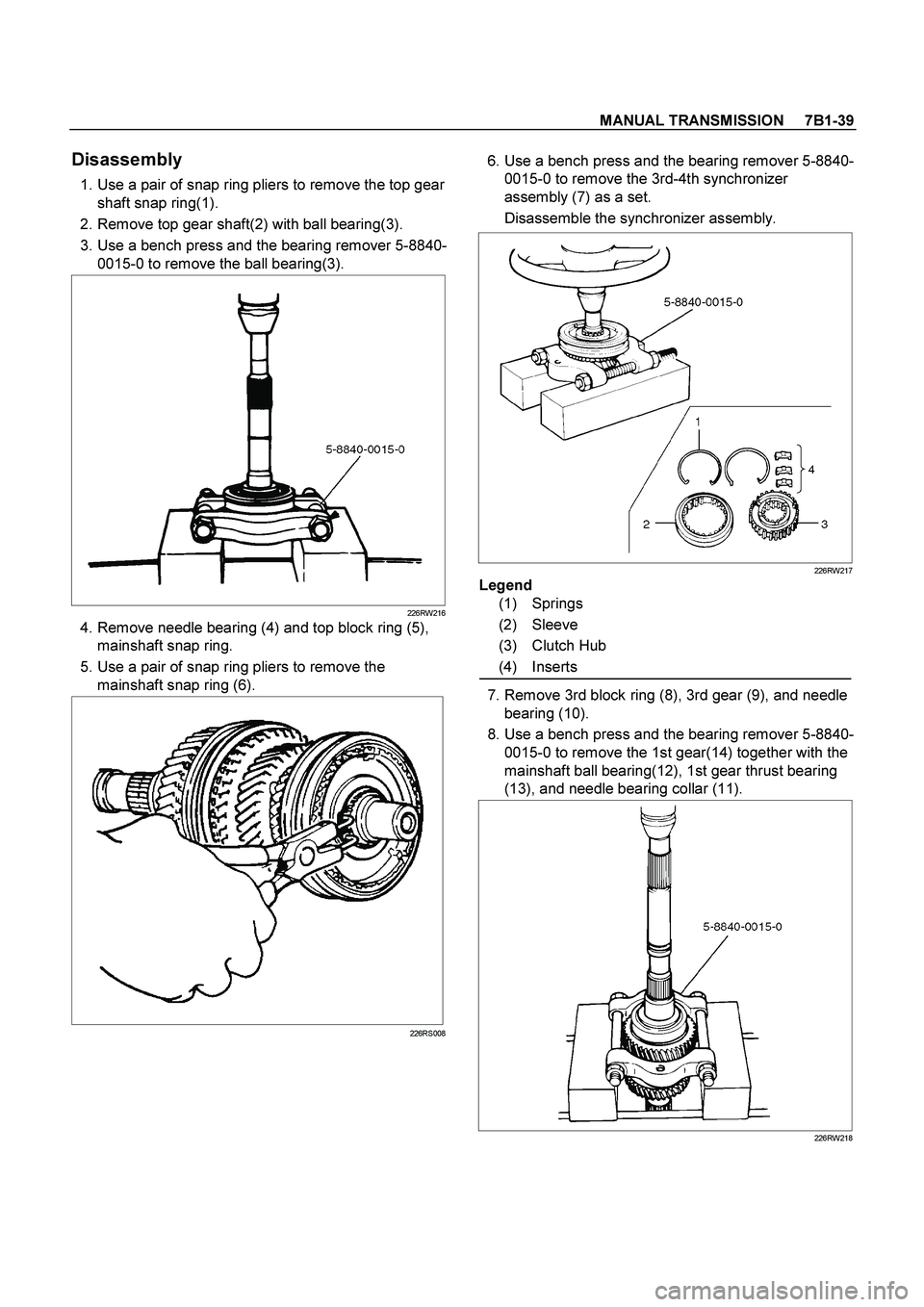 ISUZU TF SERIES 2004  Workshop Manual MANUAL TRANSMISSION     7B1-39
 
Disassembly 
  1. Use a pair of snap ring pliers to remove the top gear 
shaft snap ring(1). 
  2. Remove top gear shaft(2) with ball bearing(3). 
  3. Use a bench pre