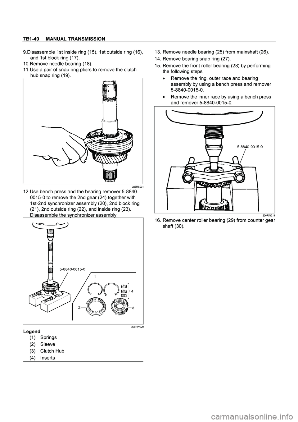 ISUZU TF SERIES 2004  Workshop Manual 7B1-40     MANUAL TRANSMISSION
 
9.Disassemble 1st inside ring (15), 1st outside ring (16), 
and 1st block ring (17). 
10.Remove needle bearing (18). 
11.Use a pair of snap ring pliers to remove the c